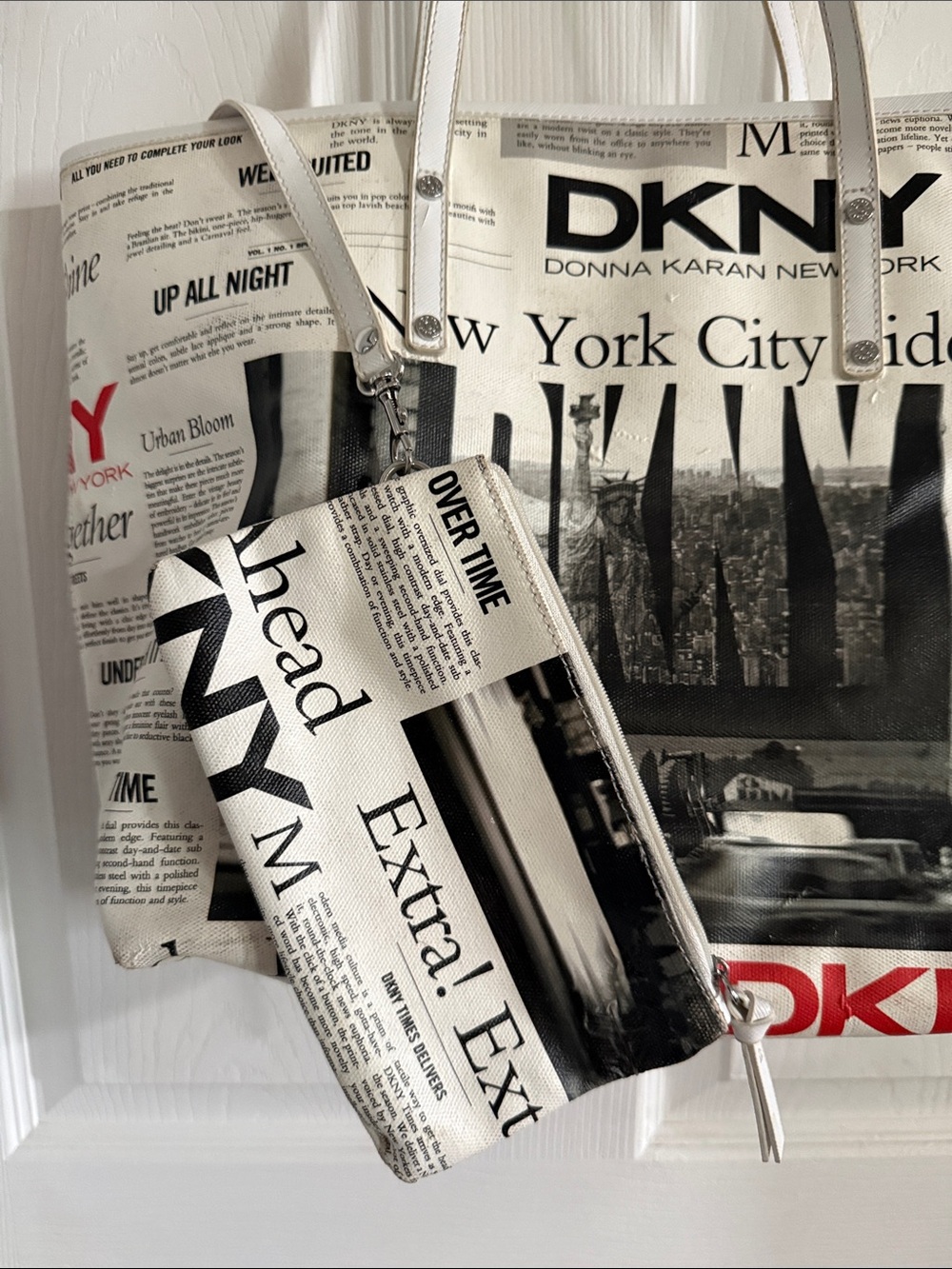 DKNY Black, White and Red Newspaper Print Tote. New York City pictures